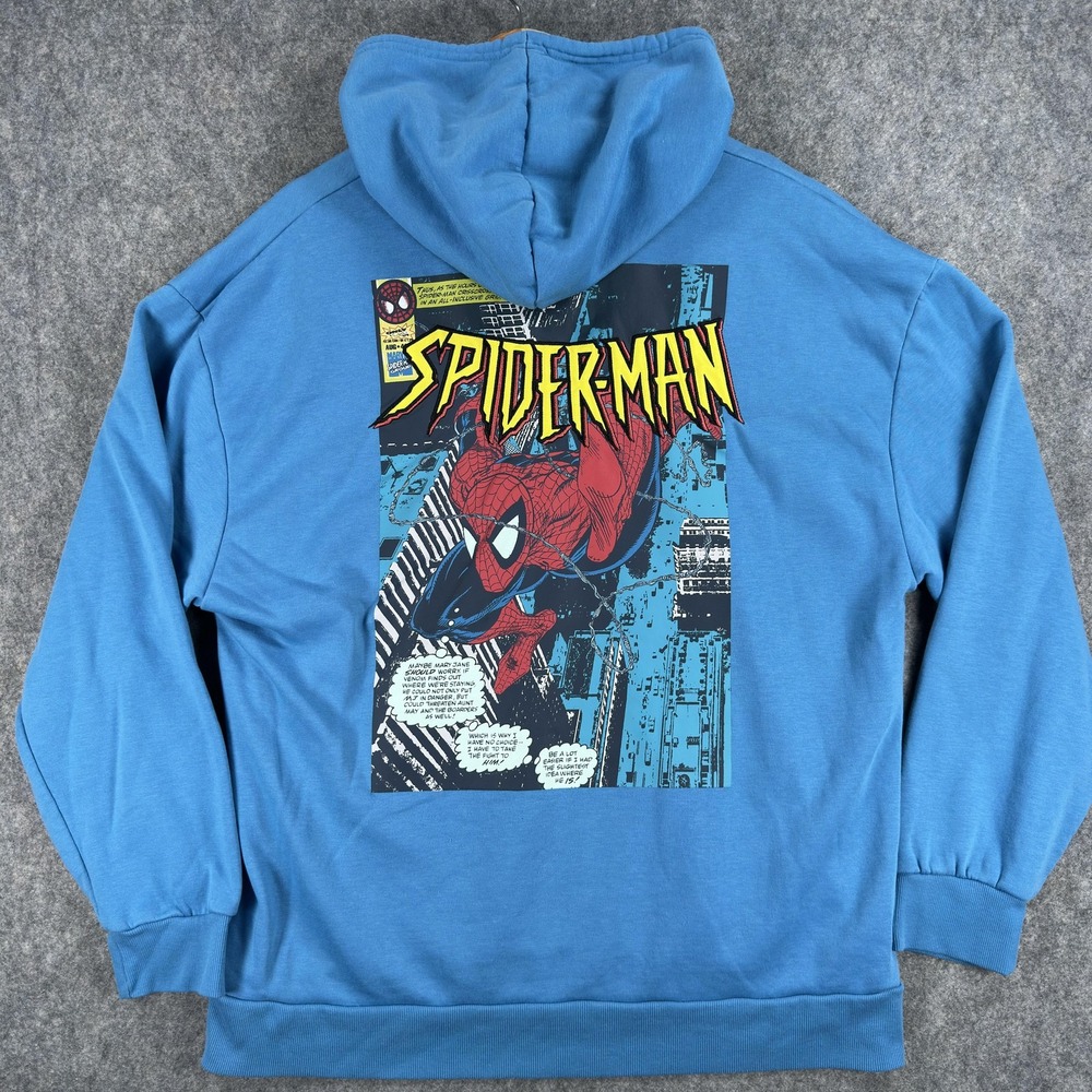 Marvel Aeropostale Spider-Man Hoodie Mens Large Blue Graphic Fleece Pullover